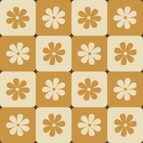 Retro Checkered Floral-Deep Ochre and Cream