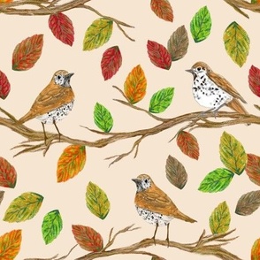 Birds and branches with cream background, small scale for quilting or other sewing projects.