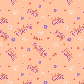 Radiate Speak Fuel Love in Shades of Peach Fuzz with Orange Red Hearts and Lavender Purple Flowers