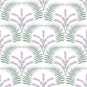 Art Nouveau Scallops / Ferns w/Wintergreen Flowers / Green, Purple, white