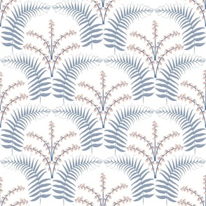 Art Nouveau Scallops / Ferns with Wintergreen Flowers / blue, pink, white
