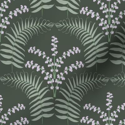 Art Nouveau Scallops / Ferns with Wintergreen Flowers / green, lilac