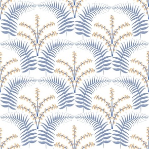 Art Nouveau Scallops / Ferns w/ Wintergreen Flowers / blue, yellow, white