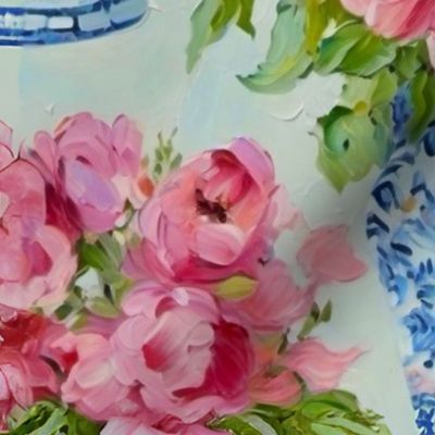 French country roses  in blue and white chinoiserie jars oil painting
