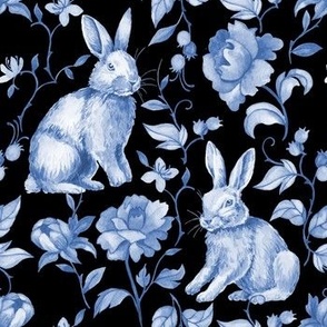 Bunny Floral Toile in Wedgewood Blue on Dark Wedgewood - Coordinate