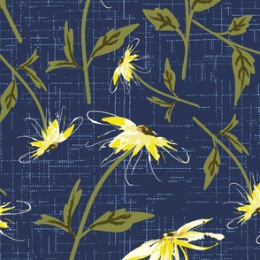 Floral Field Daisies Linen Texture large scale Yellow Blue