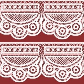 Triple Scalloped Lace in White on Red