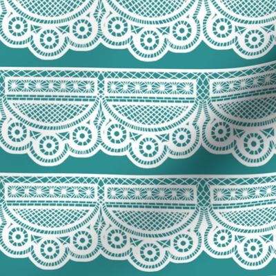 Triple Scalloped Lace in White on Turquoise Blue