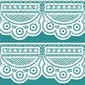 Triple Scalloped Lace in White on Turquoise Blue