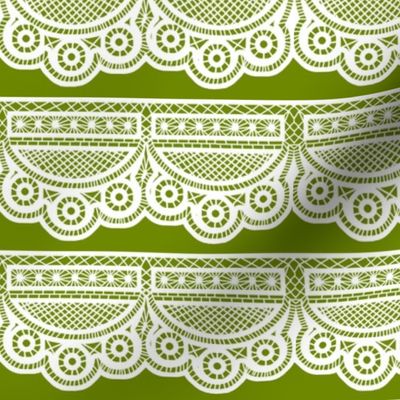 Triple Scalloped Lace in White on Avocado Green