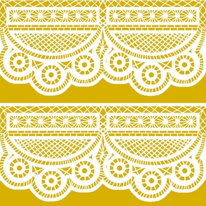 Triple Scalloped Lace in White on Golden Yellow