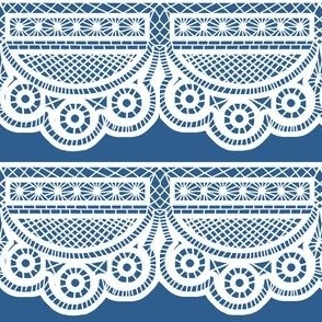 Triple Scalloped Lace in White on Blue