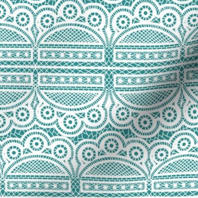 Triple Scalloped Allover Lace in White on Turquoise Blue