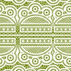 Triple Scalloped Allover Lace in White on Avocado Green