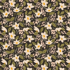 Fragrant jasmines - Serene meadow  –  forest green , cream and black           // Small scale