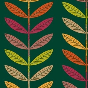 Block Print Style Autumn Forest Leaves on green