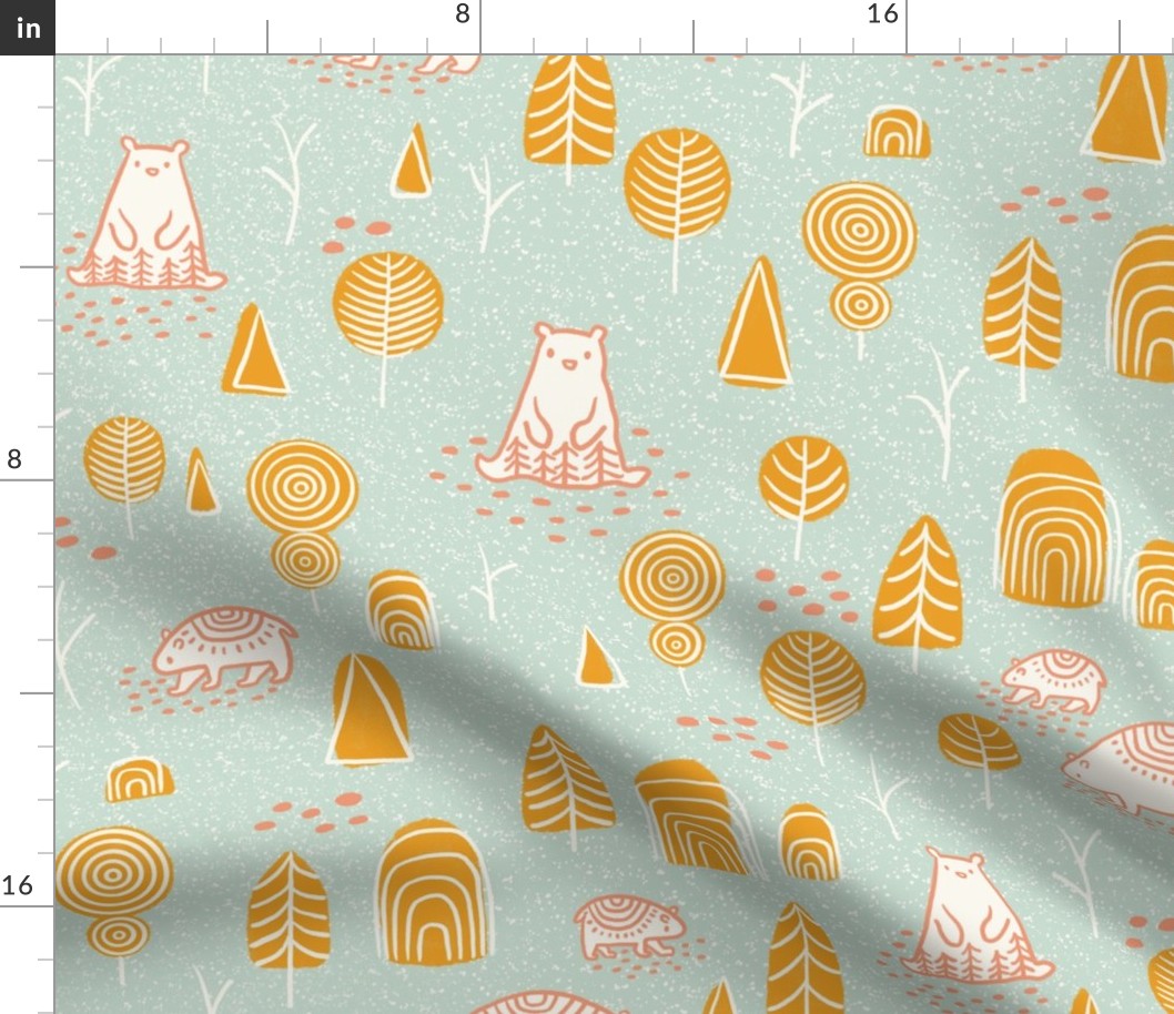 Large (3" bear) || My Little Whimsical Backyard Forest with Cute Bear Animals || Pastel Orange Honey on Mint