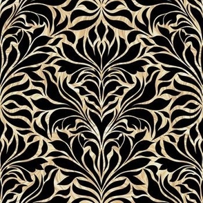 Windy Foliage Damask in Black on Marbled Gold