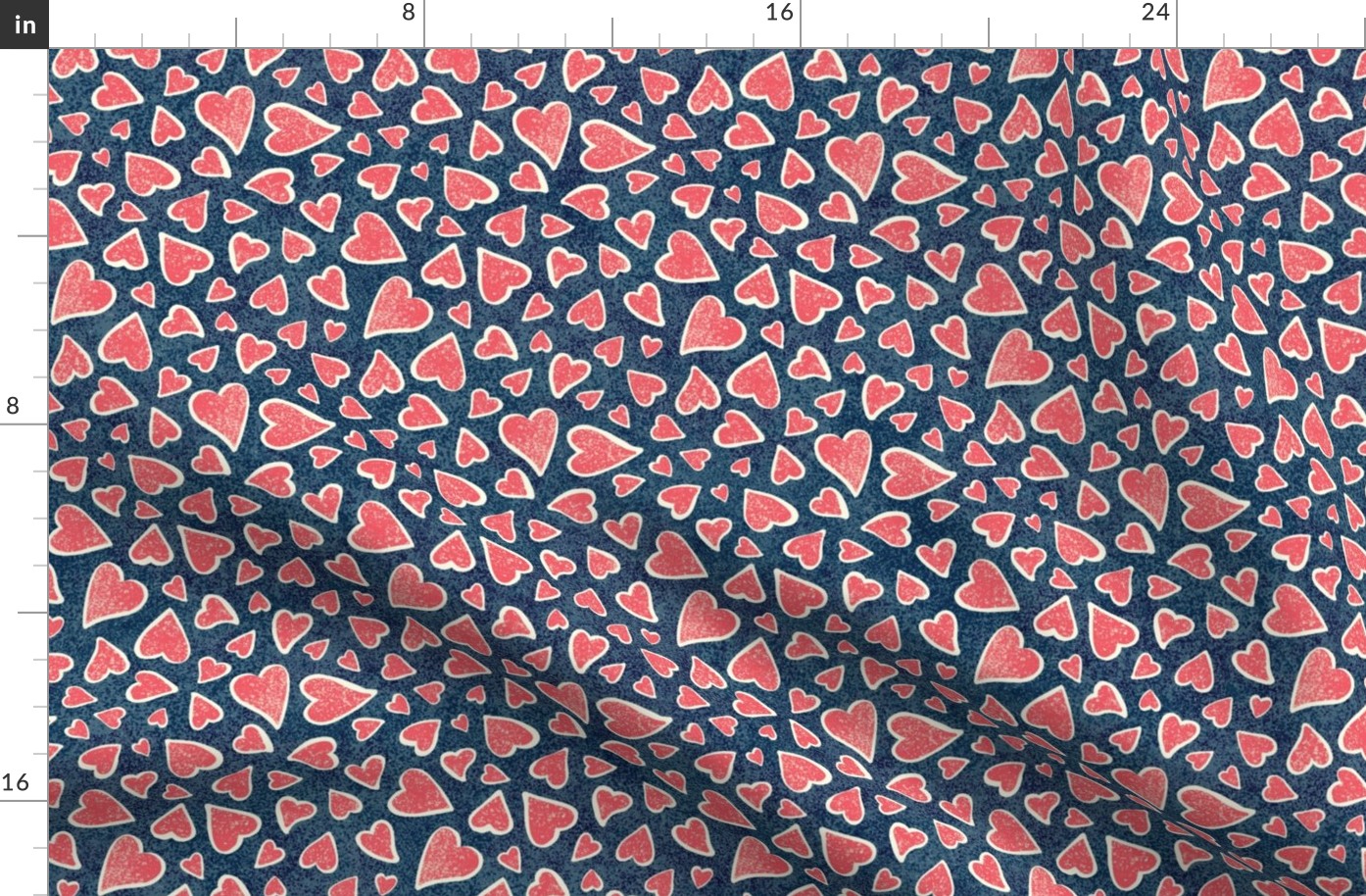 Hand drawn tossed red hearts on dark denim blue