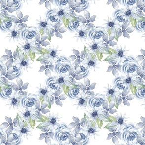 China Blue Diamond Bouquet Watercolour Flowers and Leaves in White
