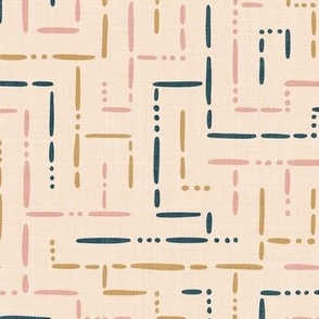 geometric warm colored boho labyrinth in pink, blue, beige and gold 