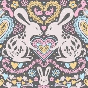 Bunnies and hearts for Valentine's Day. Cute Love.  Grey Pink - SMALL scale