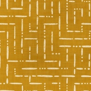 Earthy mustard yellow boho labyrinth in midnight blue and gold for wallpaper and home decor
