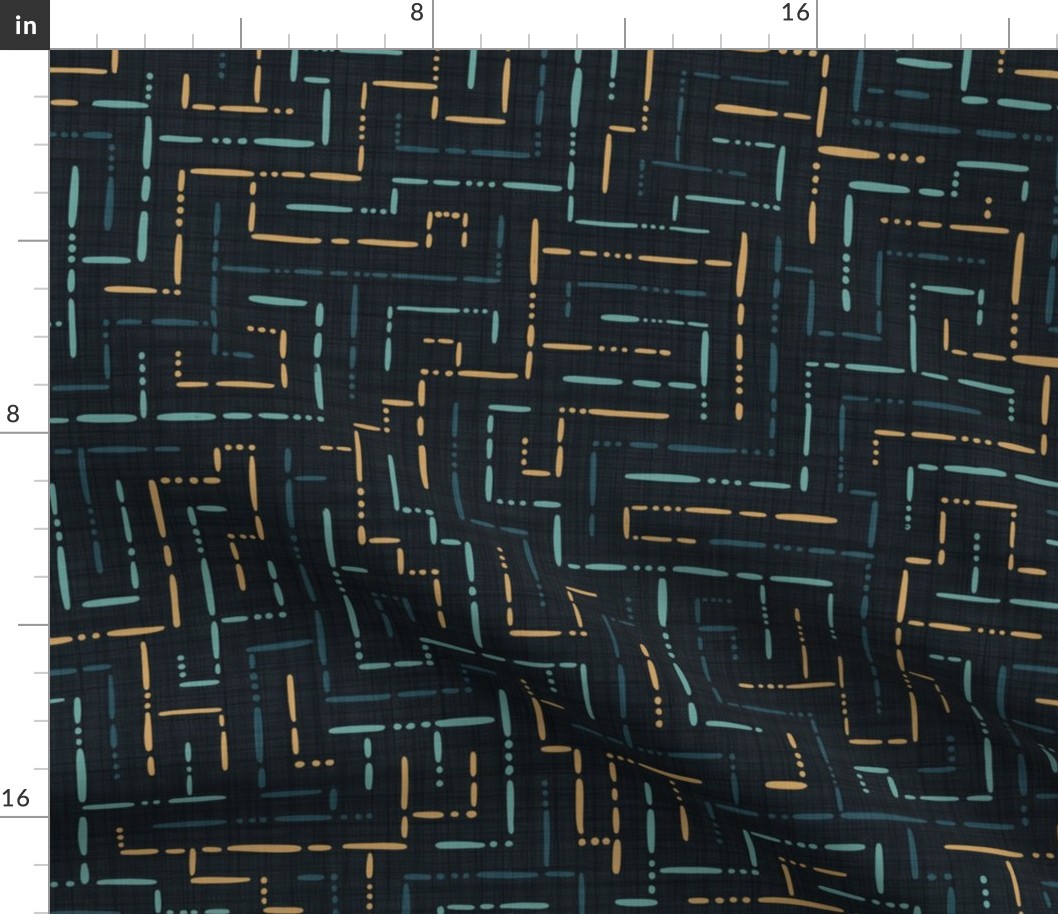 Dark moody geometric celestial boho labyrinth in midnight blue and gold 