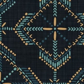 Geometric celestial boho tiles in midnight blue and gold