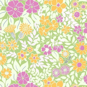 Large - Whimsical Flowers - Light Pastel Spring Green bbd38c - Cottagecore Farmhouse - Pink yellow Retro bright Spring Floral