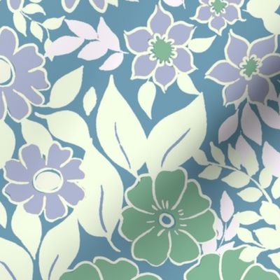 Large - Whimsical Flowers - Serene blue - Cottagecore Farmhouse - Purple lilac Blue and Green Retro Spring Floral