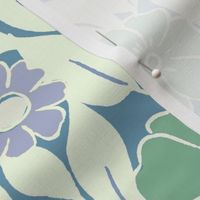 Large - Whimsical Flowers - Serene blue - Cottagecore Farmhouse - Purple lilac Blue and Green Retro Spring Floral