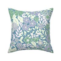 Large - Whimsical Flowers - Serene blue - Cottagecore Farmhouse - Purple lilac Blue and Green Retro Spring Floral