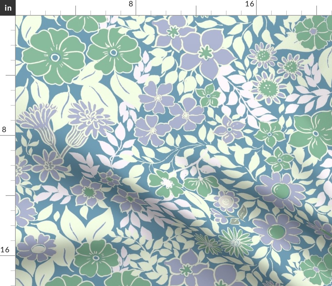 Large - Whimsical Flowers - Serene blue - Cottagecore Farmhouse - Purple lilac Blue and Green Retro Spring Floral