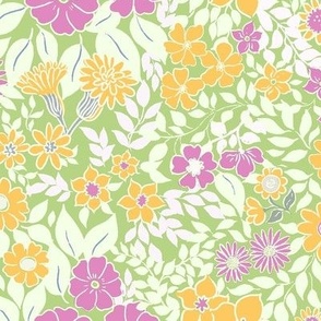 Medium - Whimsical Flowers - Light Pastel Spring Green bbd38c - Cottagecore Farmhouse - Pink yellow Retro bright Spring Floral