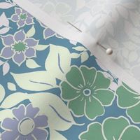 Medium - Whimsical Flowers - Serene blue - Cottagecore Farmhouse - Purple lilac Blue and Green Retro Spring Floral