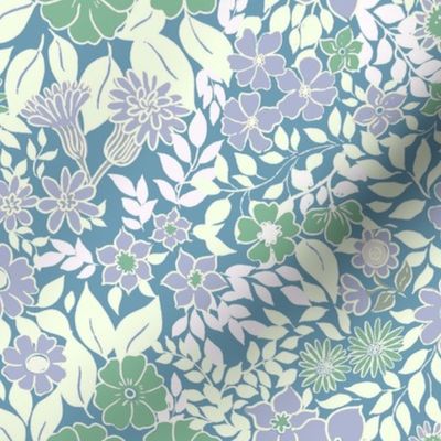 Medium - Whimsical Flowers - Serene blue - Cottagecore Farmhouse - Purple lilac Blue and Green Retro Spring Floral