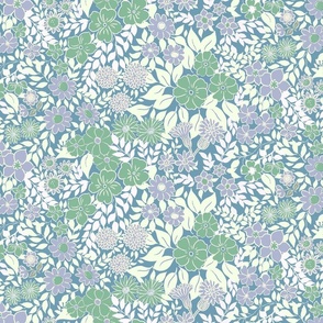 Medium - Whimsical Flowers - Serene blue - Cottagecore Farmhouse - Purple lilac Blue and Green Retro Spring Floral