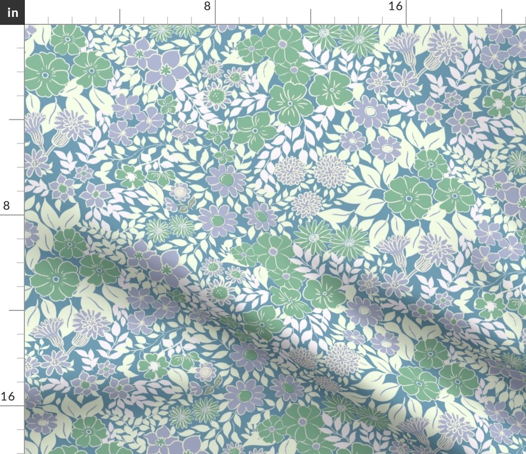 Medium - Whimsical Flowers - Serene blue - Cottagecore Farmhouse - Purple lilac Blue and Green Retro Spring Floral