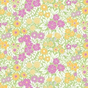 Small - Whimsical Flowers - Light Pastel Spring Green bbd38c - Cottagecore Farmhouse - Pink yellow Retro bright Spring Floral