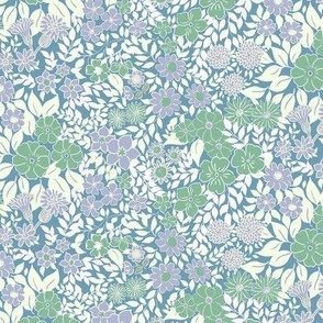 Small - Whimsical Flowers - Serene blue - Cottagecore Farmhouse - Purple lilac Blue and Green Retro Spring Floral