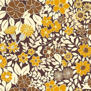 Large - Whimsical Flowers - Monkey Island Medium Dark Brown - Cottagecore Farmhouse - Brown and yellow on dark fall brown Retro autumn Floral
