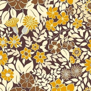 Medium - Whimsical Flowers - Monkey Island Medium Dark Brown - Cottagecore Farmhouse - Brown and yellow on dark fall brown Retro autumn Floral