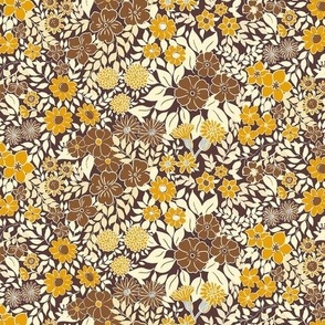 Small - Whimsical Flowers - Monkey Island Medium Dark Brown - Cottagecore Farmhouse - Brown and yellow on dark fall brown Retro autumn Floral