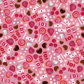 Valentines treats distsy watercolor sweets and chocolates coordinate pink background