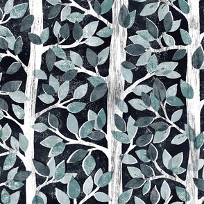 Monochrome Charcoal and Sage Forest Block Print Inspired Pattern Extra Large