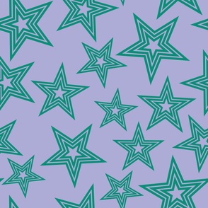 Retro green stars on lilac - boys fabric - disco stars - large scale multi stars