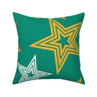 multi coloured  stars on green - disco rainbow stars - retro stars 