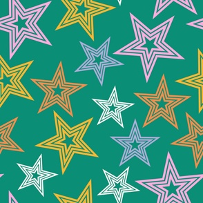 multi coloured  stars on green - disco rainbow stars - retro stars 