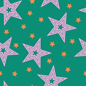 pink and orange stars on green - disco stars - rainbow stars - stardust in pink and orange